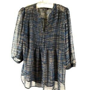 Nicole Miller NY Sheer Blouse size M 3/4 Sleeve V-Neck Brown w Blue Plaid